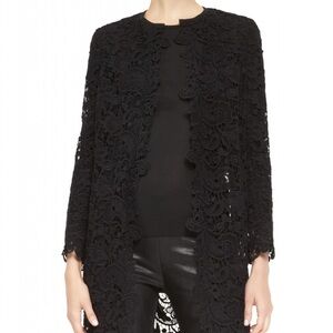 RALPH LAUREN Black Label Size 16 Black Cotton Lace Leather Trim Open Front Coat